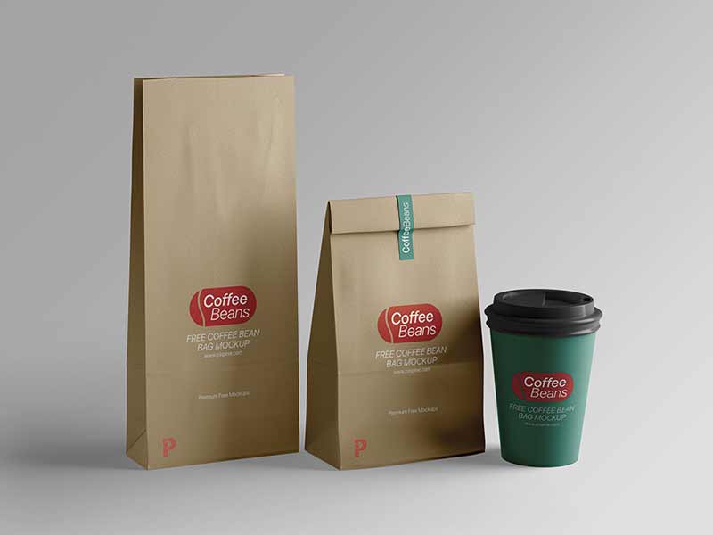 free coffee bag and cup mockup