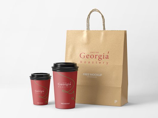 Coffee Cups and Kraft Bag Mockup