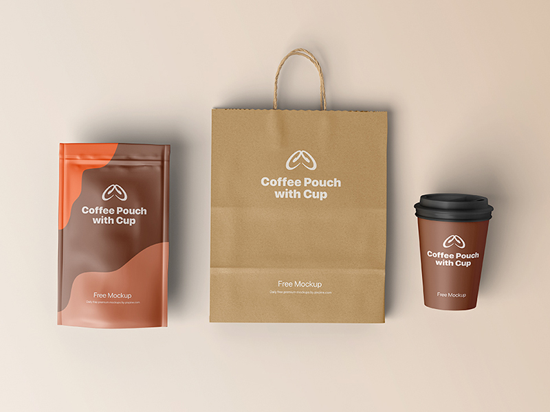 Free Coffee Pouch and Cup Mockup