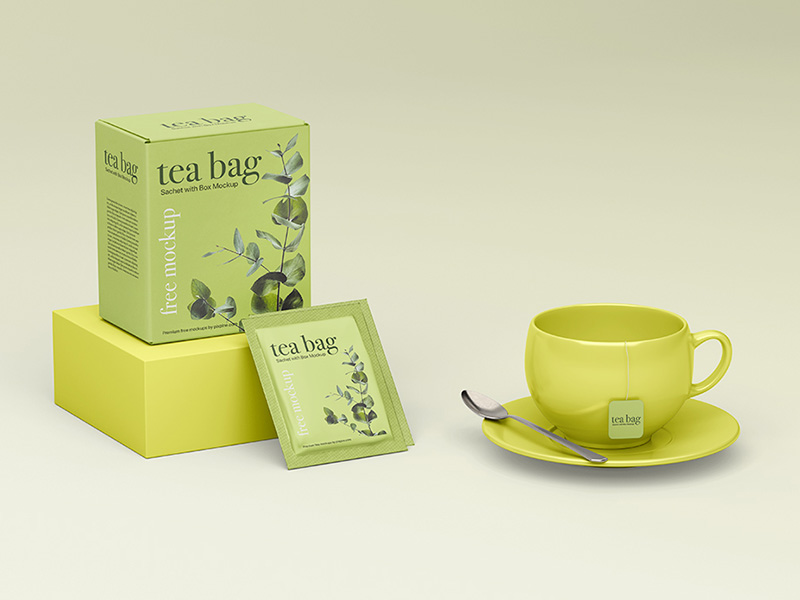 Free Tea Bag and Box Mockup