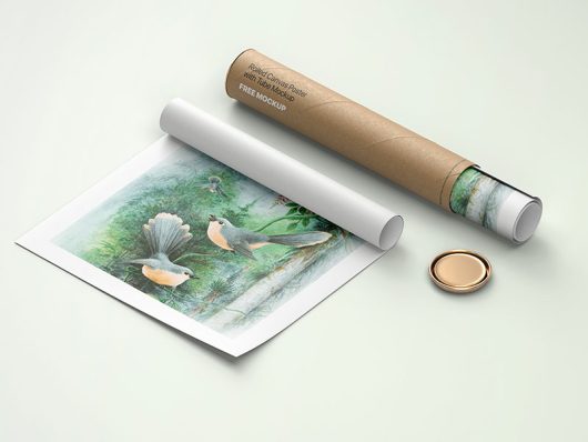 Free Rolled Canvas Poster with Paper Tube Mockup Free Rolled Canvas Poster with Paper Tube Mockup