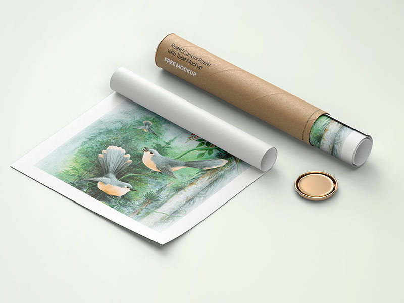 Free Rolled Canvas Poster with Paper Tube Mockup