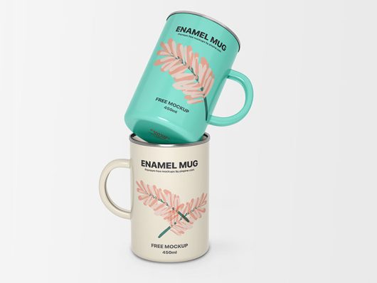 Free Two 450ml Enamel Mugs Mockup Free Two 450ml Enamel Mugs Mockup