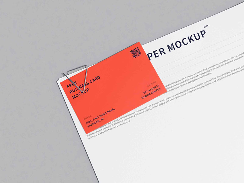 Free Paper and Business Card with Paper Clip Mockup