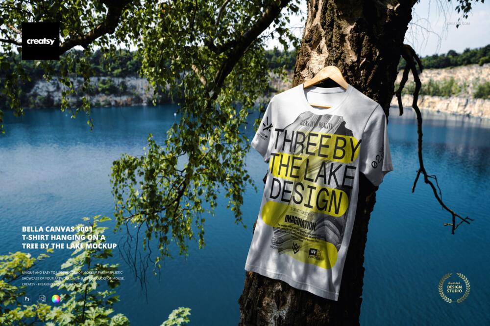 Bella Canvas 3001 T-shirt Hanging on a Tree by the Lake PSD Mockup