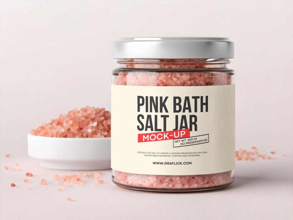 Clear Glass Jar With Pink Bath Salt Mockup