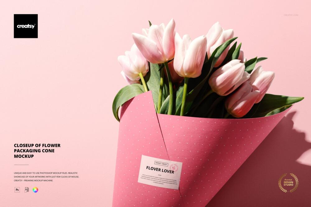 Close-up of Flowers Packaging Cone PSD Mockup