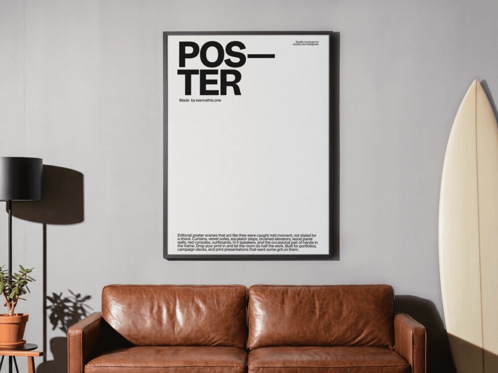 Framed Editorial Poster Above Leather Sofa