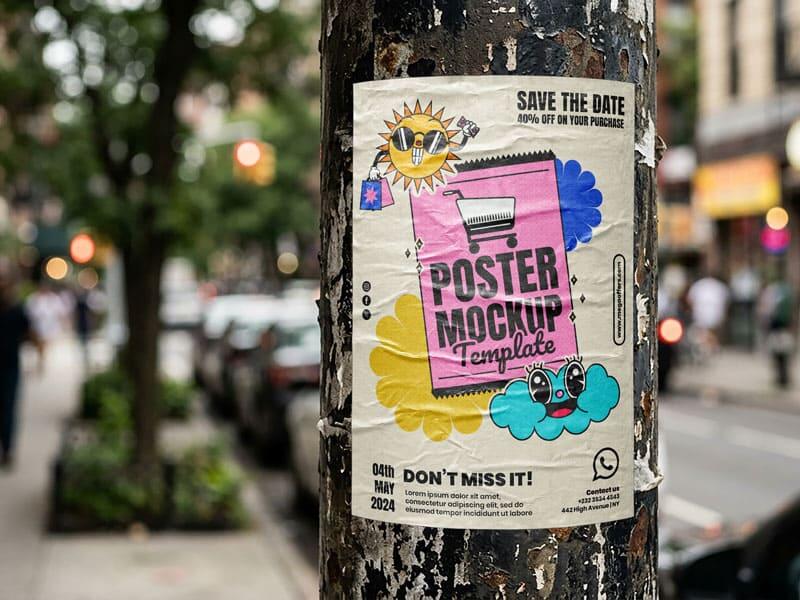 glued wrinkled poster mockup on a tree