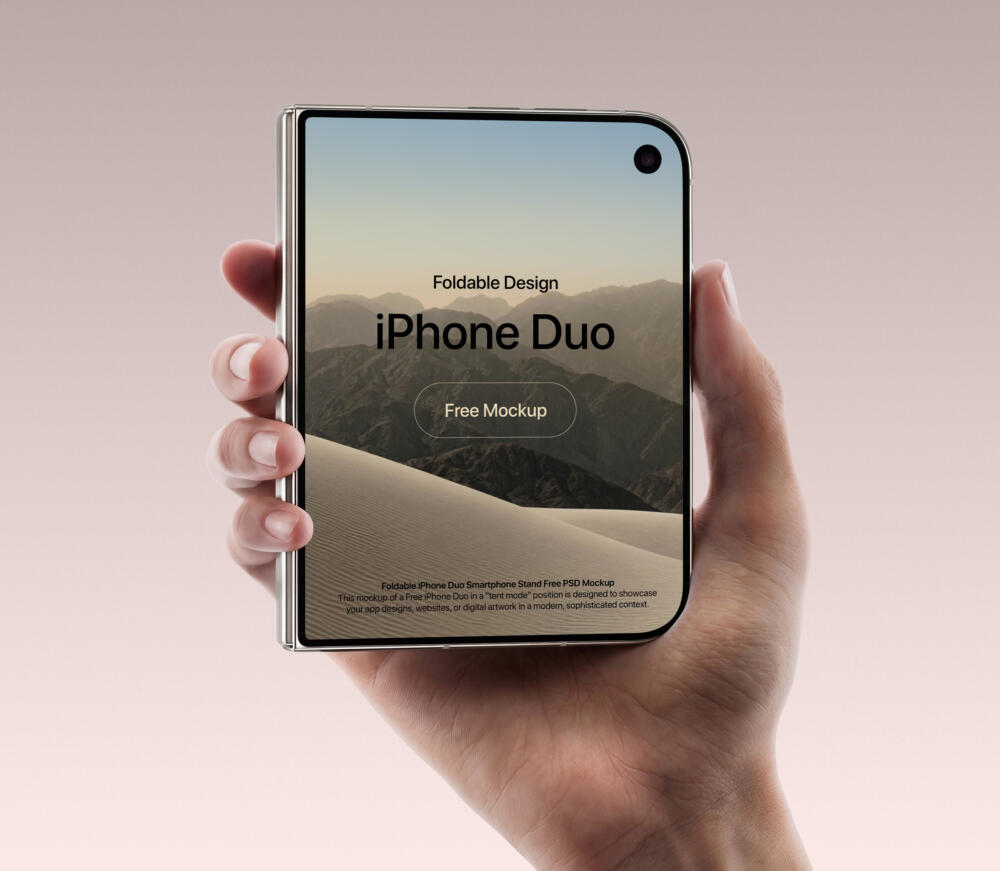 Hand-Held iPhone Duo Foldable Smartphone PSD Mockup