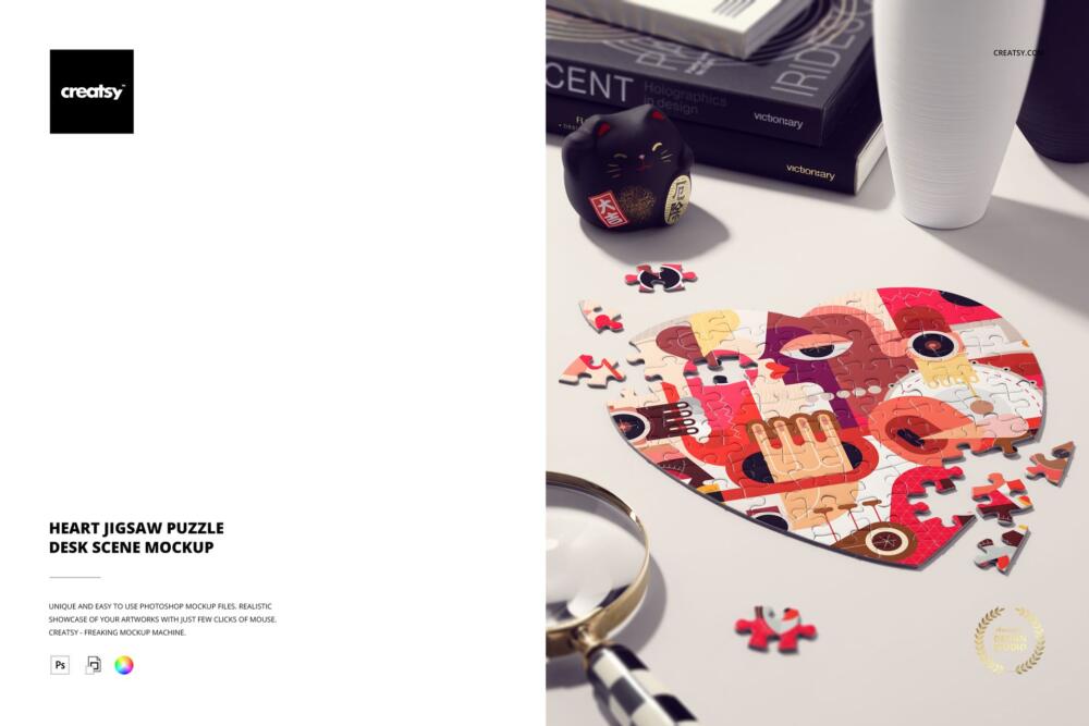 Heart Jigsaw Puzzle Desk Scene PSD Mockup