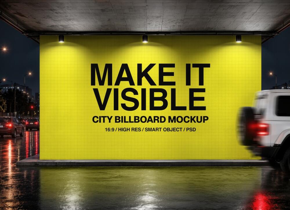 Illuminated City Billboard Mockup at Night