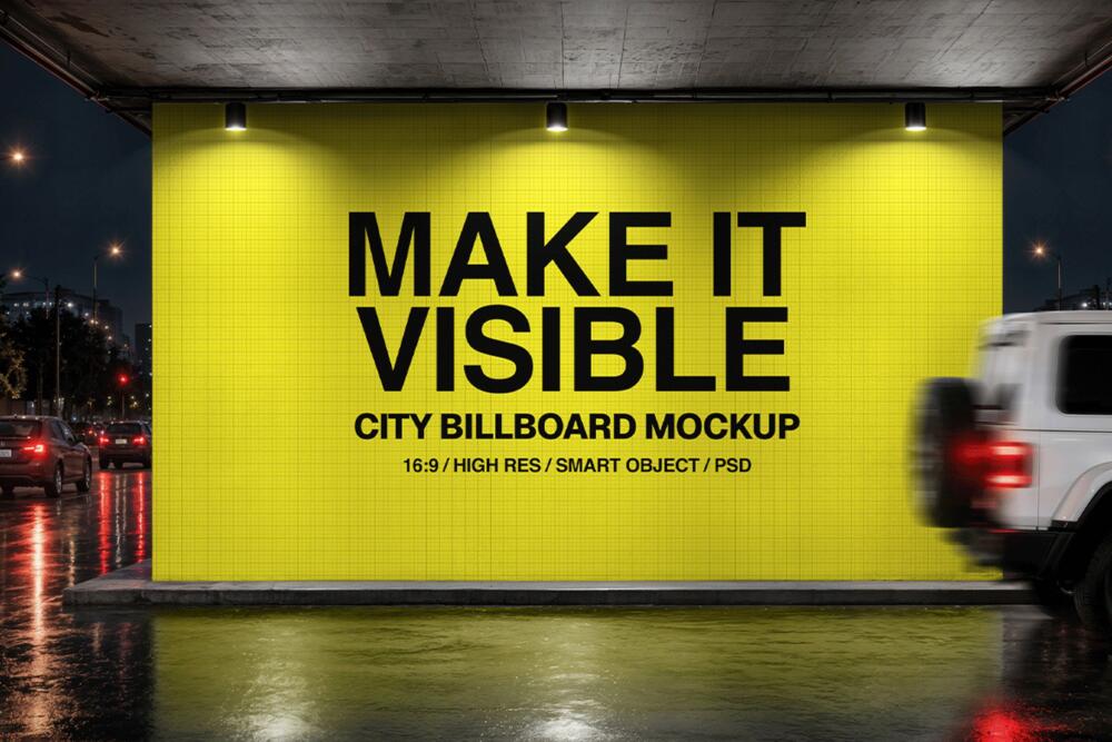 Illuminated City Billboard Mockup at Night