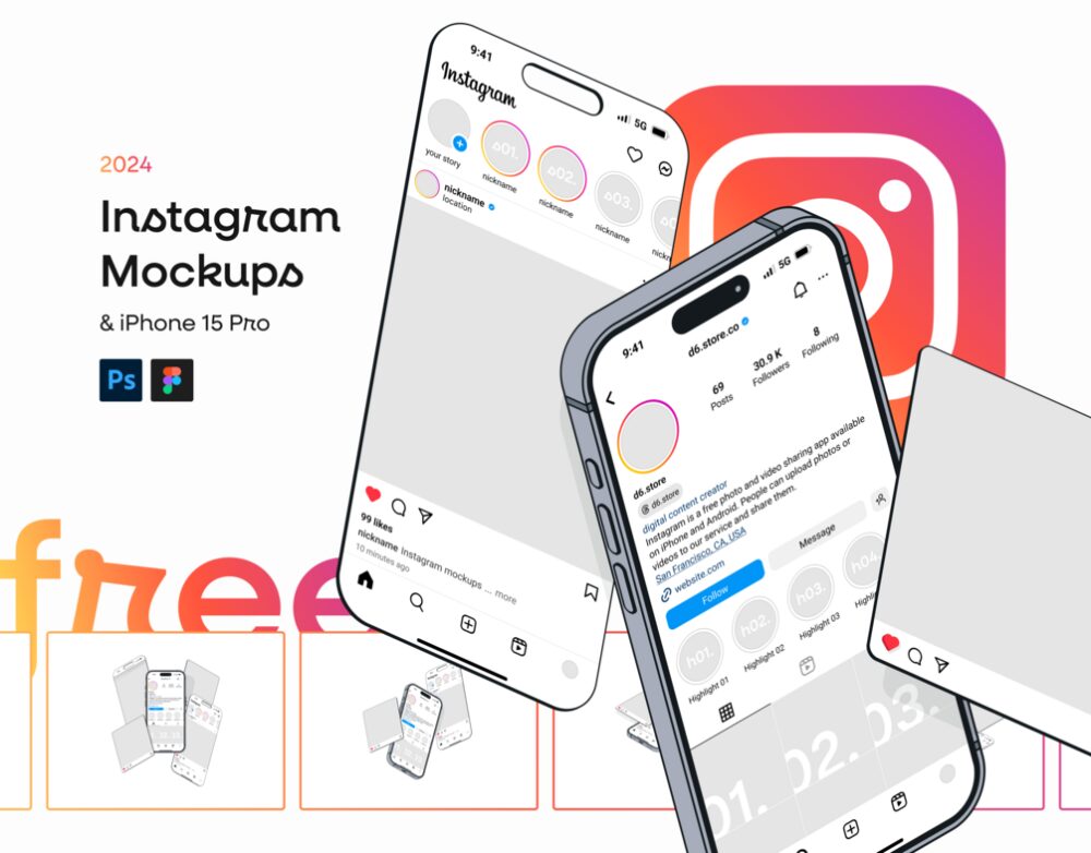 Instagram Mockup Kit with iPhone 15 Pro (PSD + Figma)