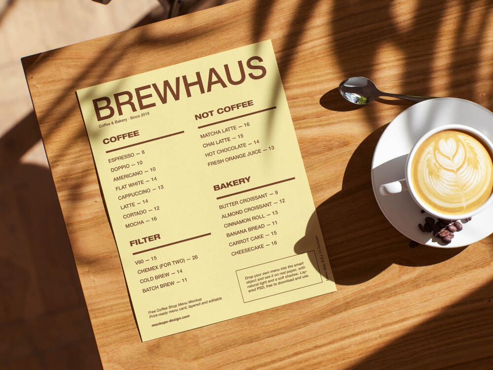 Letter-size coffee shop menu mockup