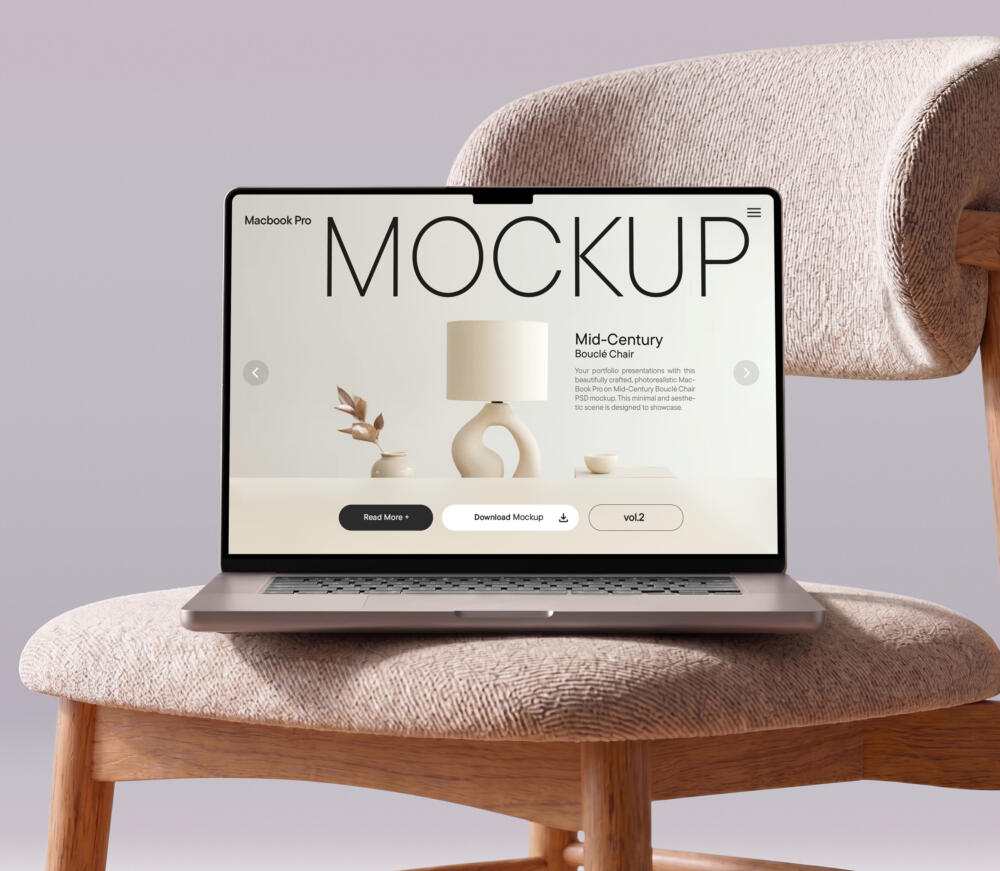 MacBook Pro on Mid-Century Bouclé Chair Mockup PSD Mockup vol 2