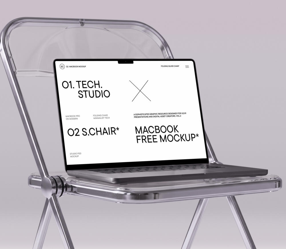 MacBook Pro on Modern Folding Chair Minimalist Tech Studio Vol2 PSD Mockup