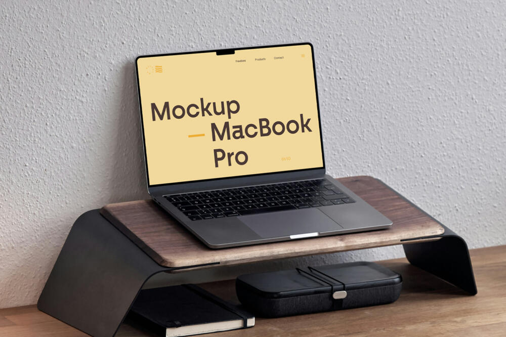 MacBook Pro on Wooden Pad Mockup