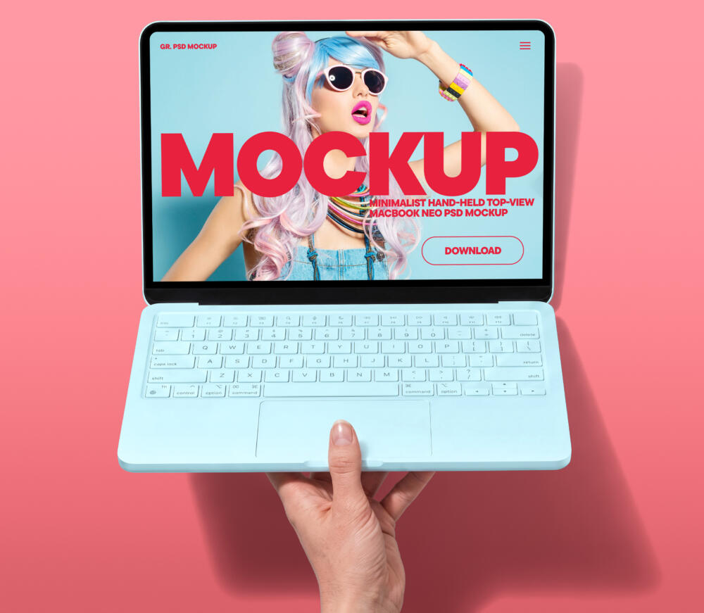 Minimalist Hand-Held Top-View MacBook Neo PSD Mockup