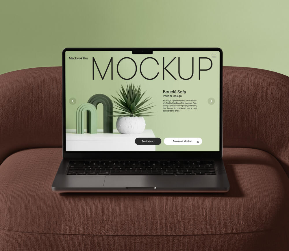 Minimalist MacBook Pro on Textured Bouclé Sofa PSD Mockup