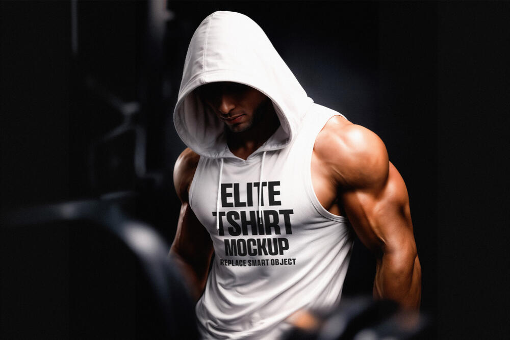 Muscular Athlete Hoodie T-Shirt Mockup in Gym