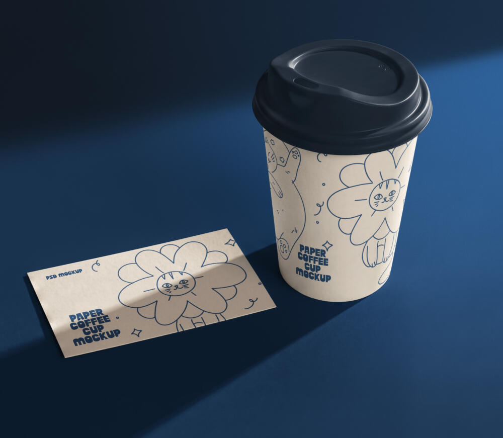 Paper Hot Coffee Cup & Business Card PSD Mockup