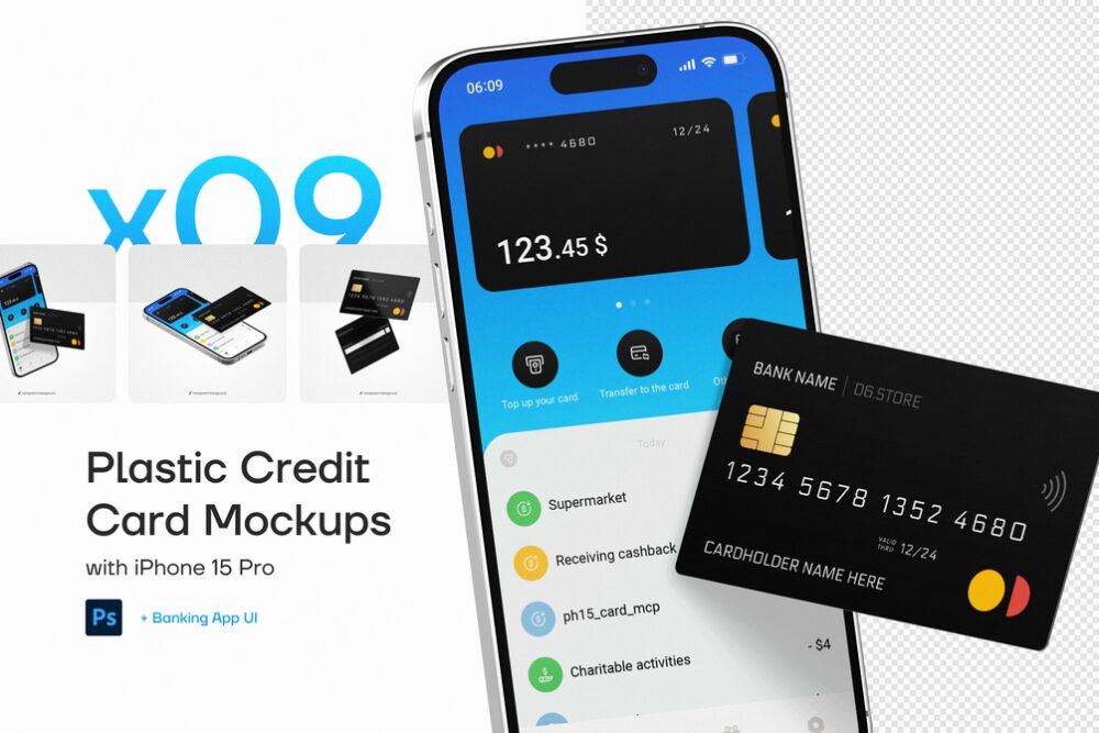 Plastic Credit Card with iPhone 15 Pro Mockups