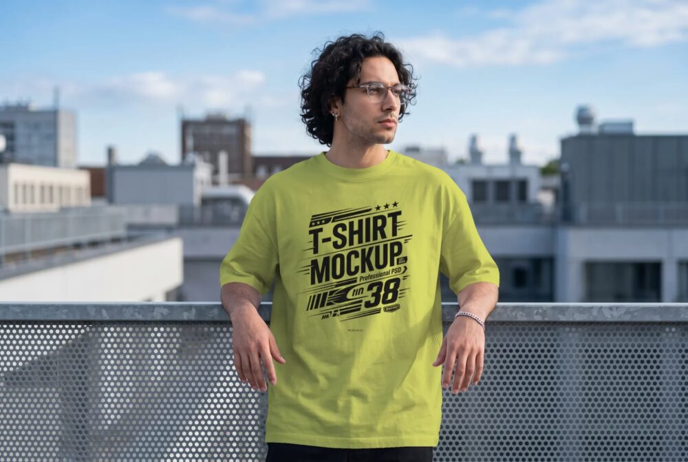 Rooftop Oversized T-Shirt Mockup with City Skyline