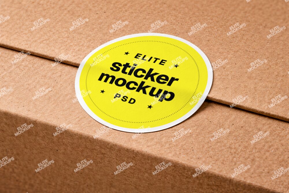 Round Sticker on Cardboard Box Mockup
