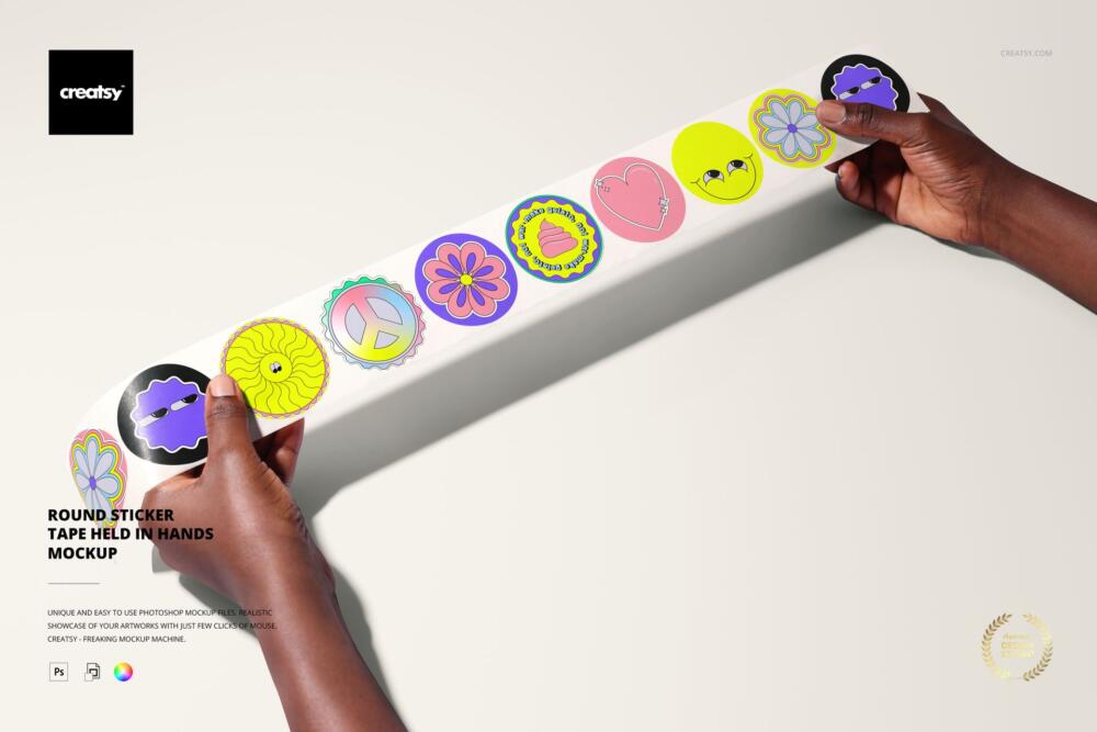 Round Sticker Tape Held in Hands PSD Mockup