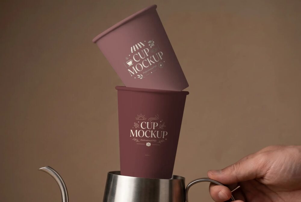 Stacked Paper Cup Mockup with Pour Over Kettle PSD