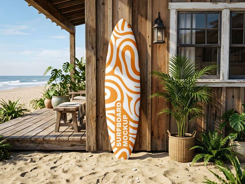 Surfboard Mockup Outside a Beach House in Summer