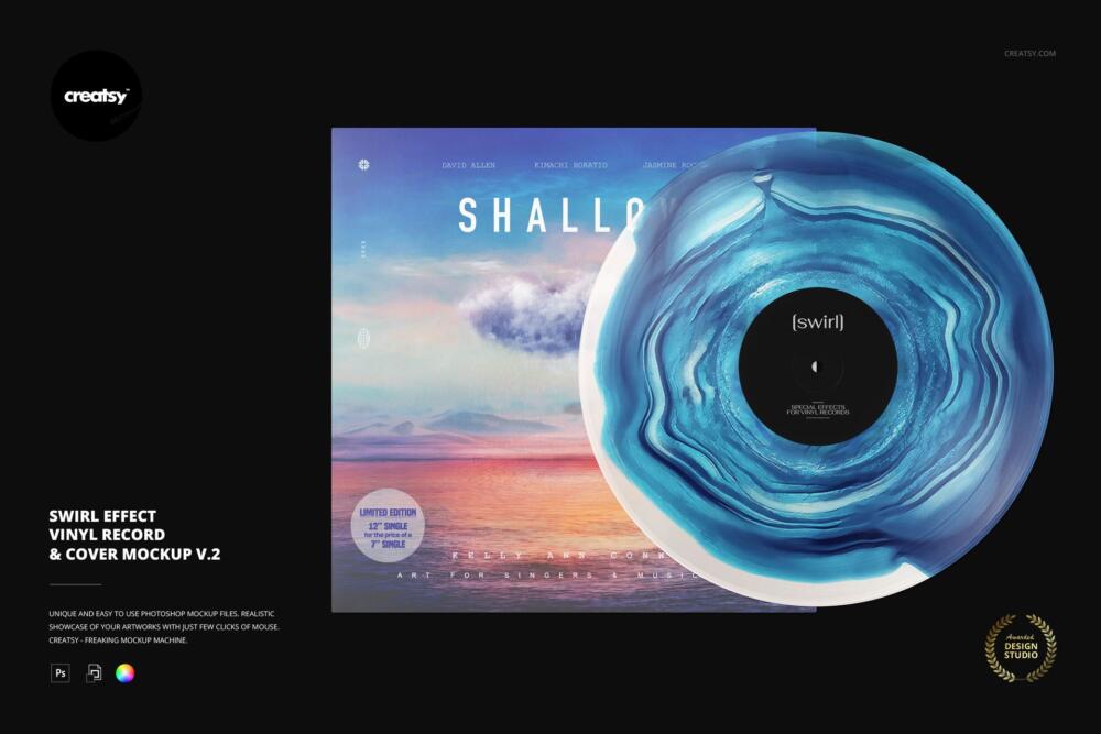 Swirl Effect Vinyl Record and Album Cover PSD Mockup