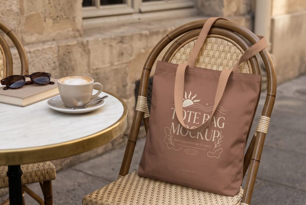 Tote Bag Mockup on Cafe Chair with Coffee Table PSD