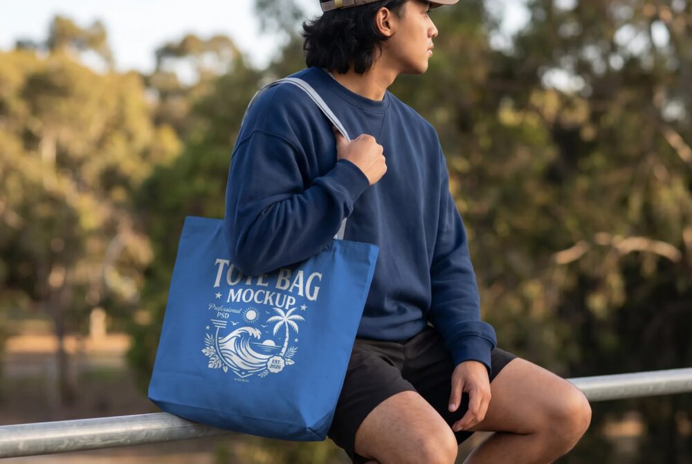 Tote Bag Mockup with Natural Park Background PSD