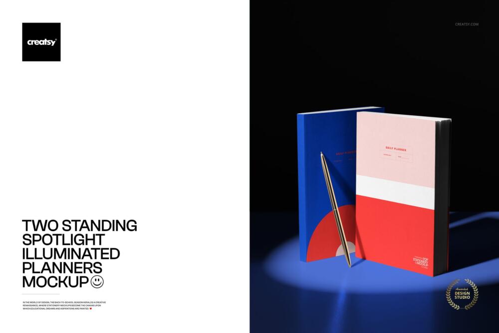 Two Standing, Spotlight-Illuminated Planners Stationery PSD Mockup