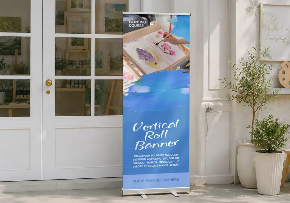 Vertical Roll Up Banner Mockup – Realistic Outdoor Pull Up Standing Sign & Art Studio Entrance Signage