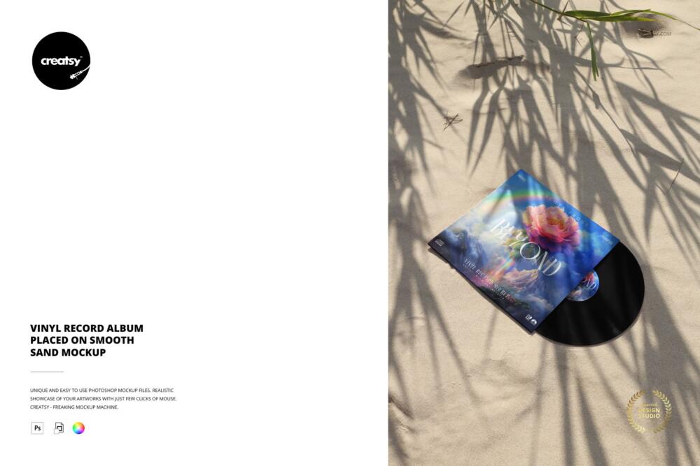 Vinyl Record Album Placed on Smooth Sand PSD Mockup