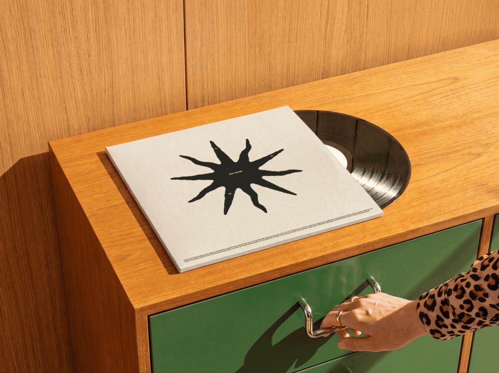 Vinyl Record Mockup on Wooden Cabinet