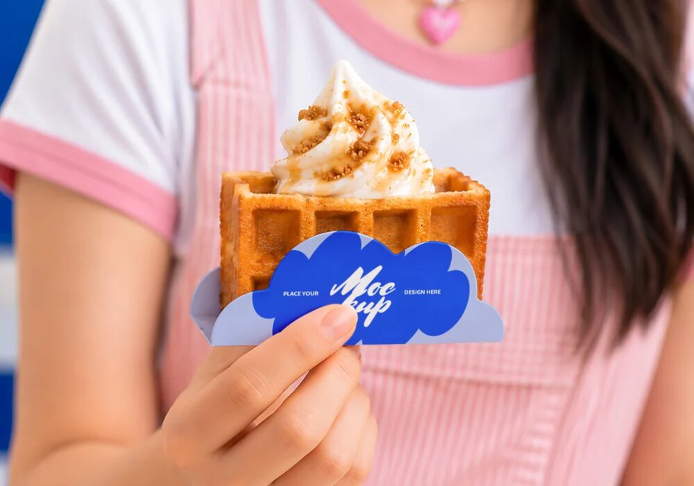 Waffle Ice Cream Holder Mockup – Realistic Paper Food Pocket & Dessert Packaging Sleeve (PSD)