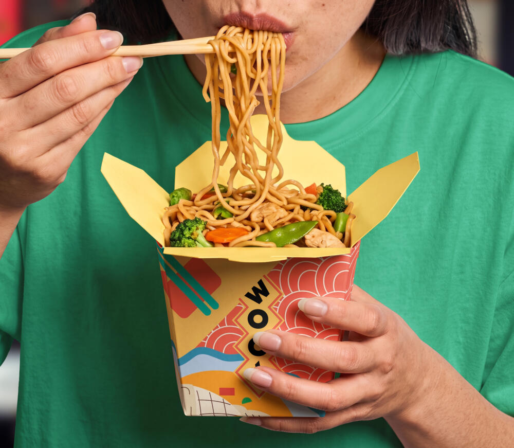 Wok-Style Asian Takeaway Noodle Box PSD Mockup - Eating Scene
