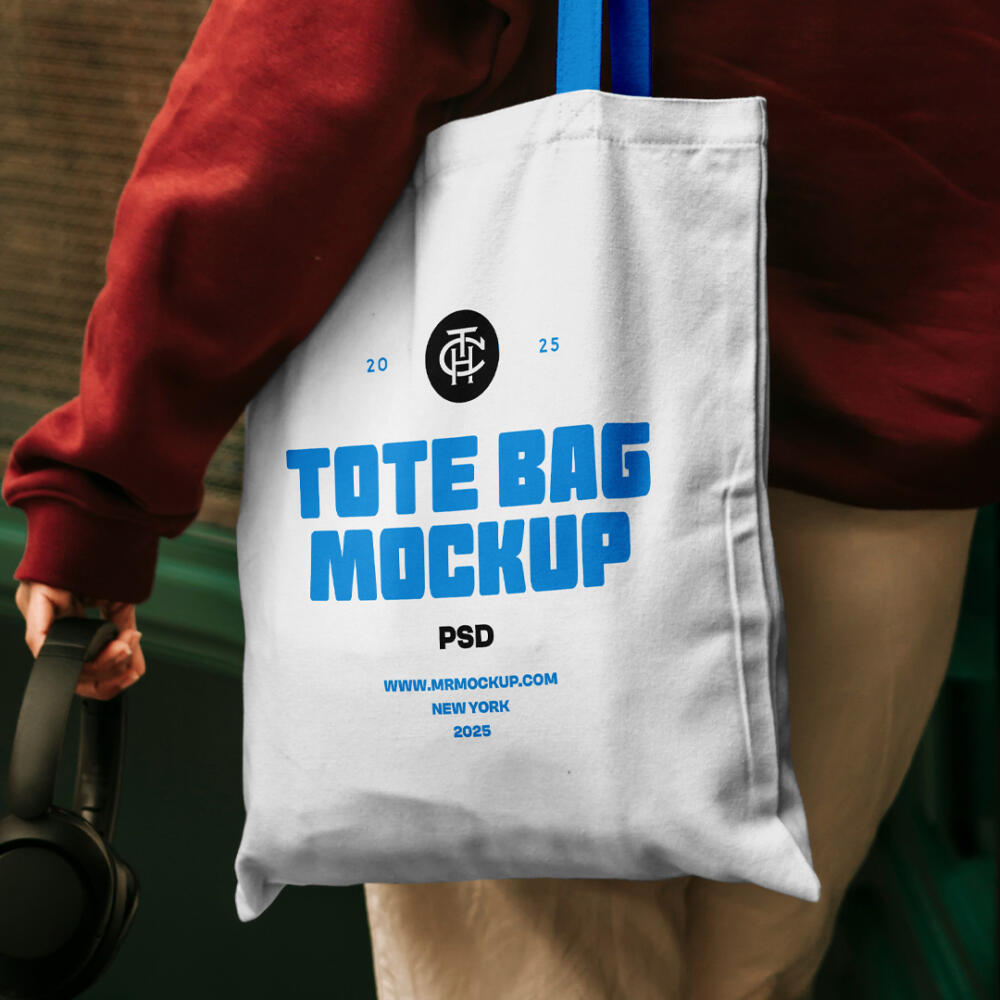 Woman Wearing Cotton Bag Mockup