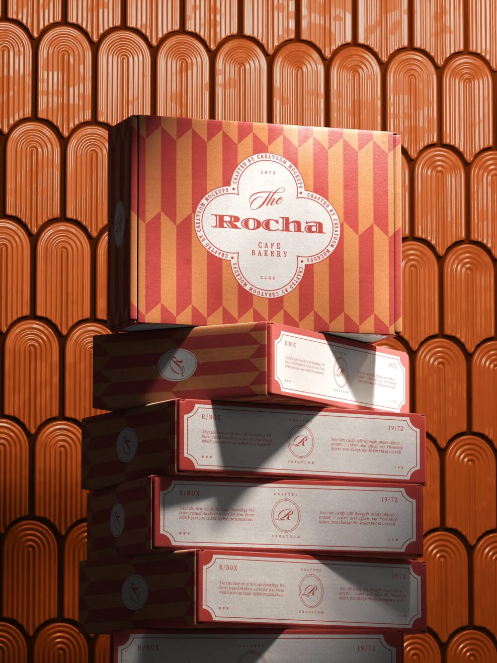 A Stack Of Cardboard Box Mockups Against A Backdrop Of Decorative Tiles Front View | Mockup store