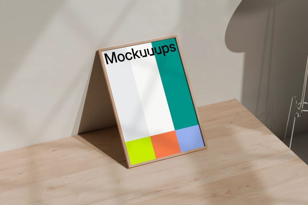 A3 poster mockup on a wooden table with muted lighting