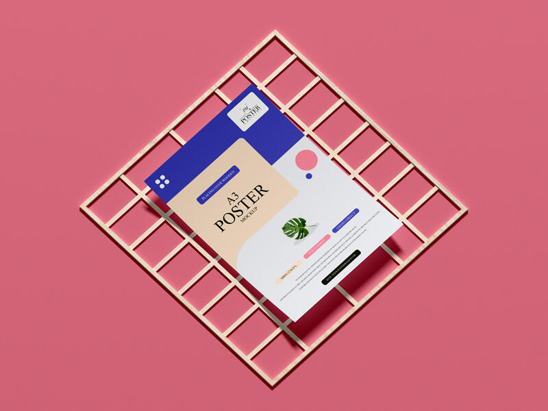 A3 Poster Placing Over Wooden Frame Mockup