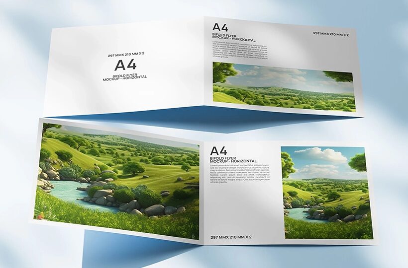 A4 Bifold Flyer Mockup – Horizontal Fold, PSD