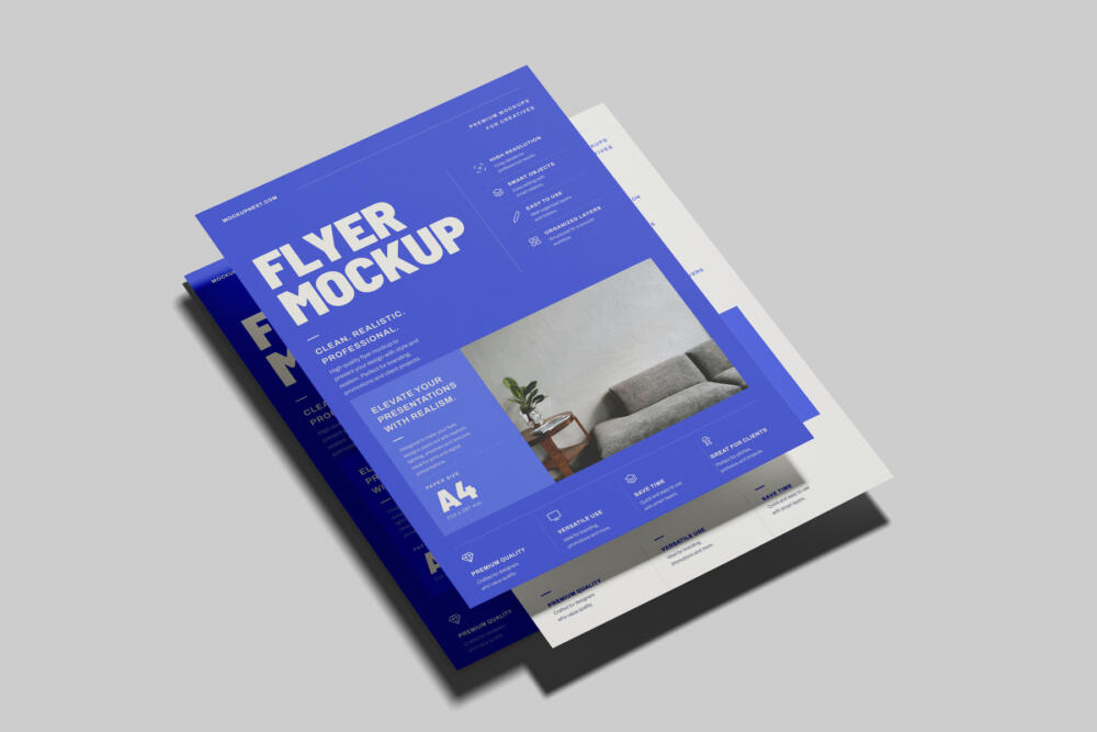 A4 EU Flyer Poster Mockup On Surface Angled View