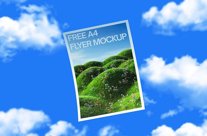A4 Flyer Mockup Floating in Air, PSD