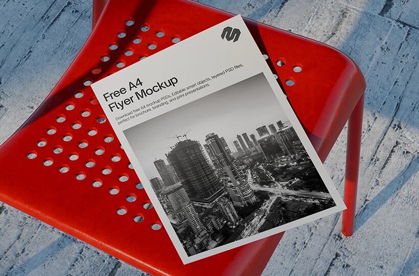 A4 Flyer Mockup on Red Chair, PSD