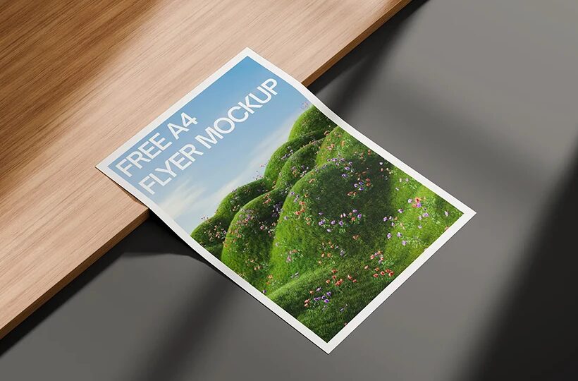 A4 Flyer Mockup on Wooden Board, PSD